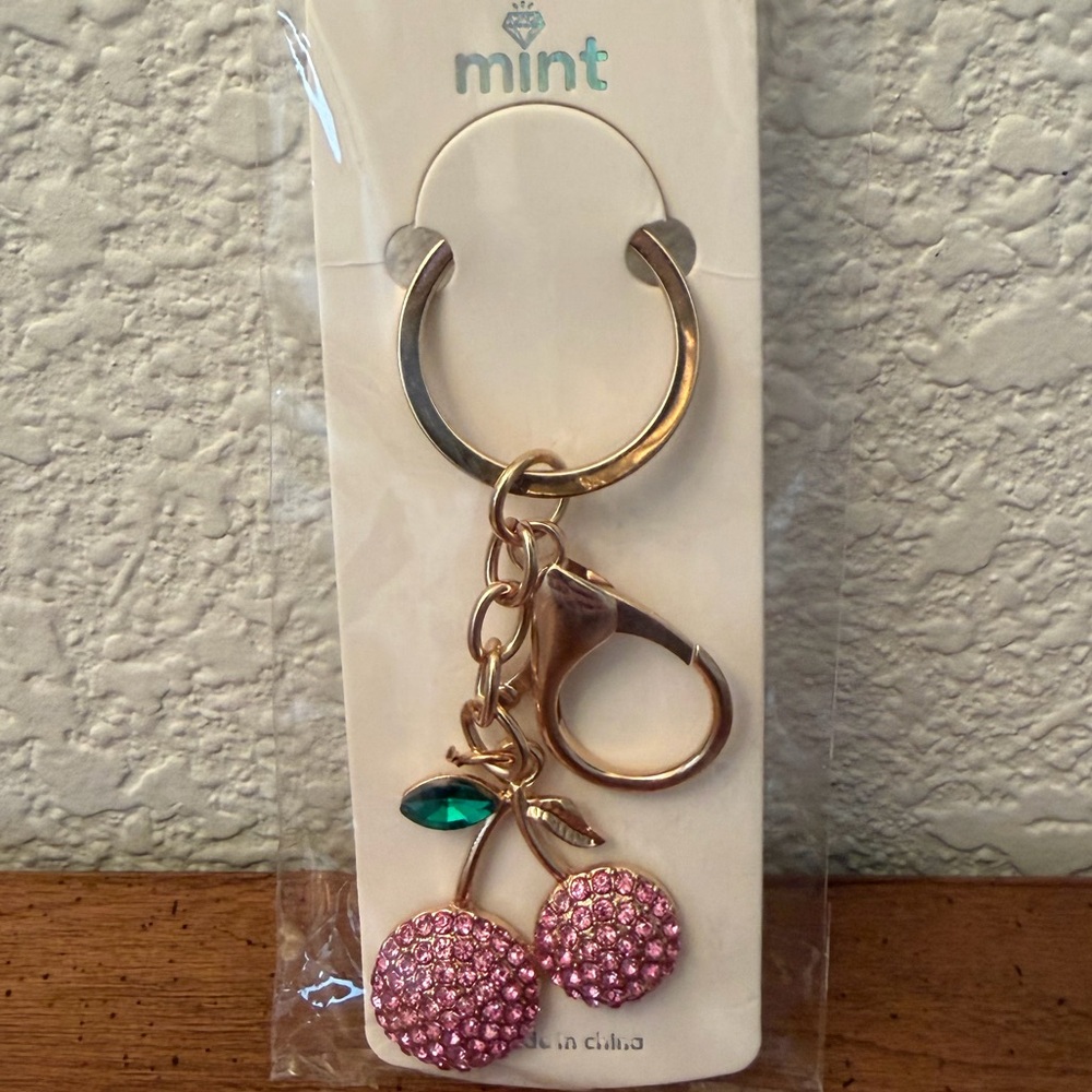 Cherry Bag Charm or Keychain with Pink Crystals & Gold Hardware - Picture 2 of 2